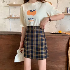 College Women Summer Korean All-Matching Student Chequered High Waist A-Line Hip Flattering Skirt