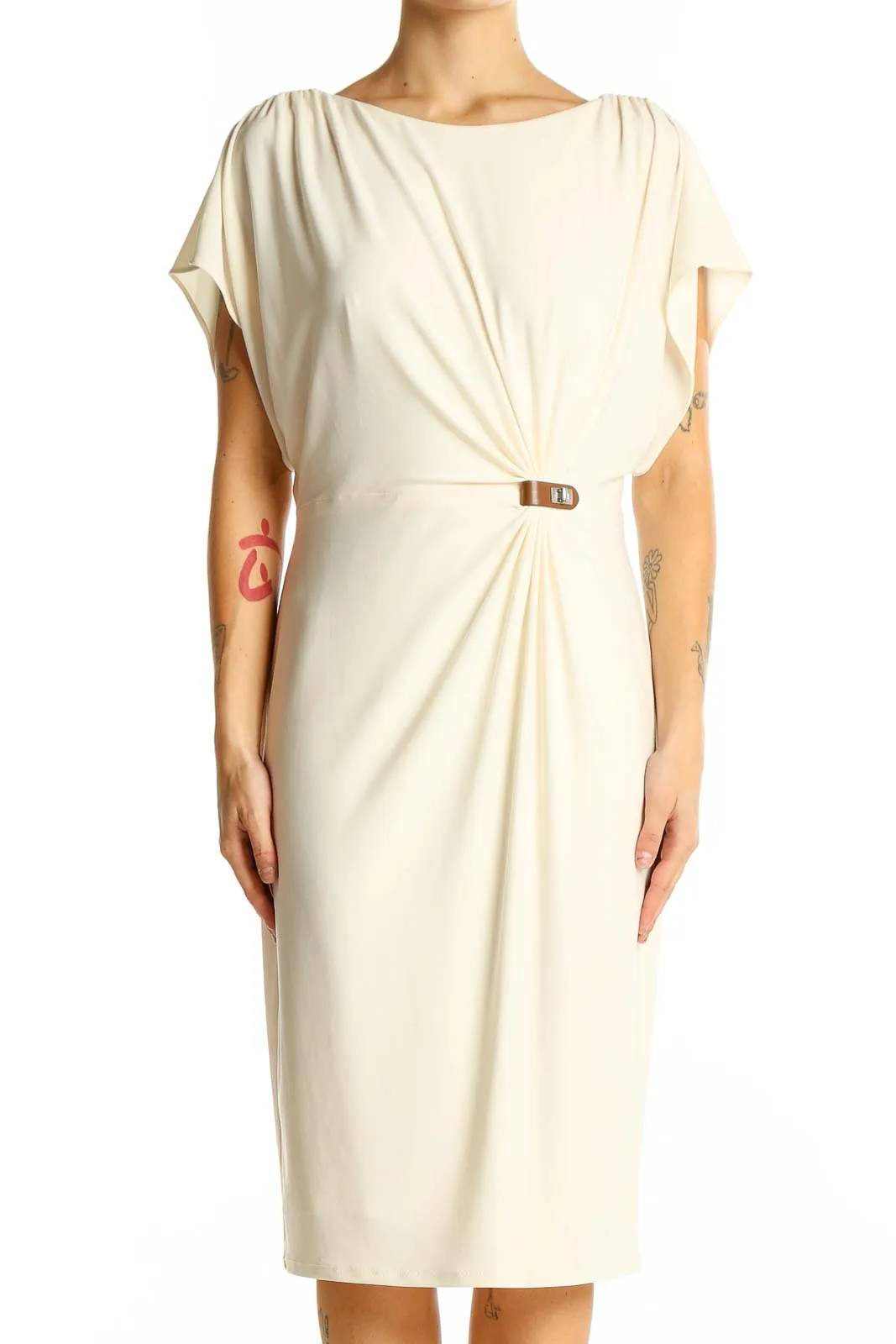 Cream Elegant Draped Midi Dress