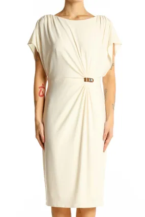 Cream Elegant Draped Midi Dress
