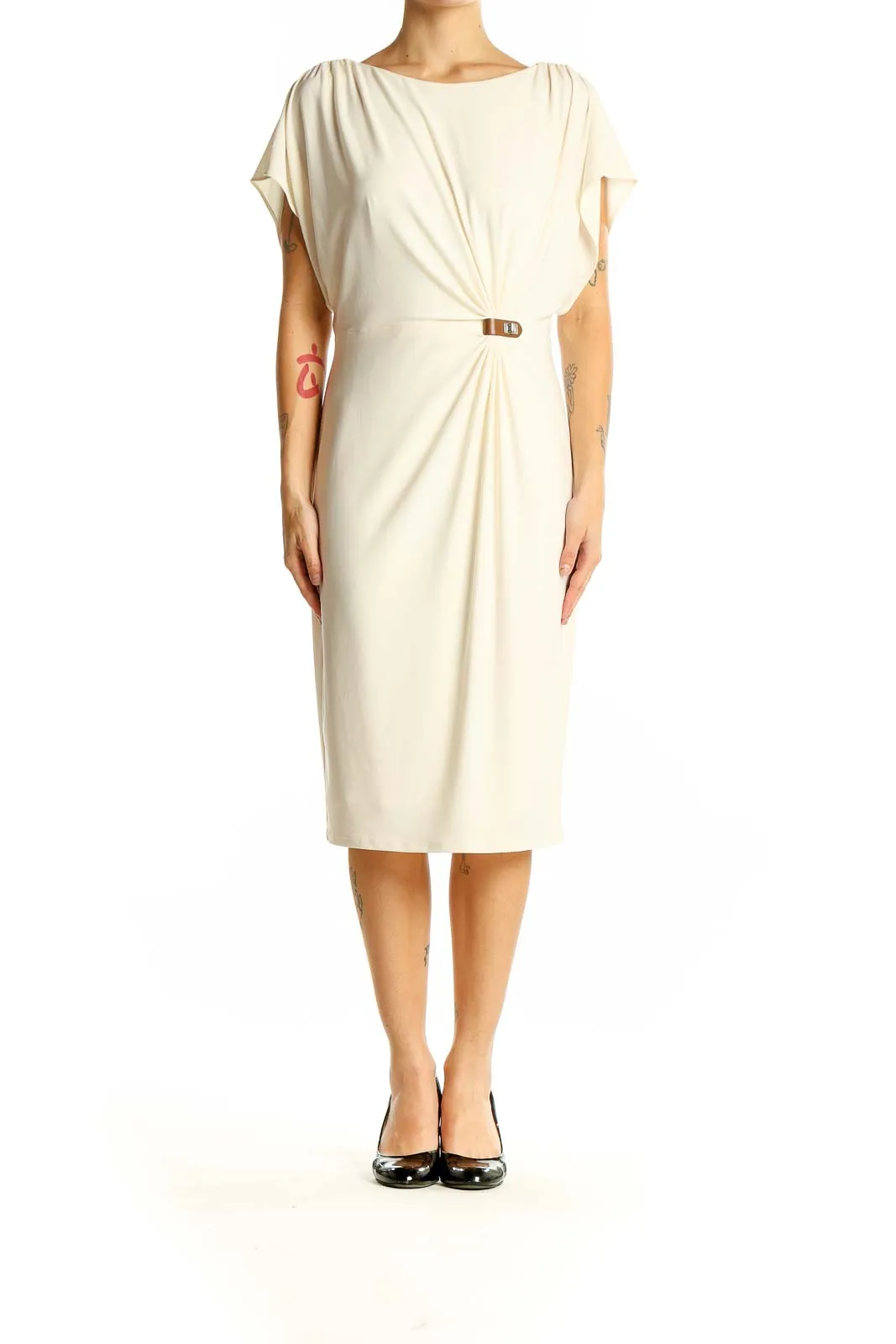Cream Elegant Draped Midi Dress