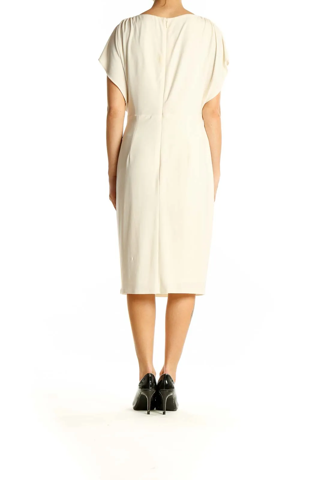 Cream Elegant Draped Midi Dress