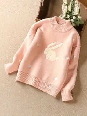 Cute Thick Knit Sweater For Girls, Bunny Design Warm Plush Lined Crew Neck Long Sleeve Jumper Top Winter/ Fall Clothing