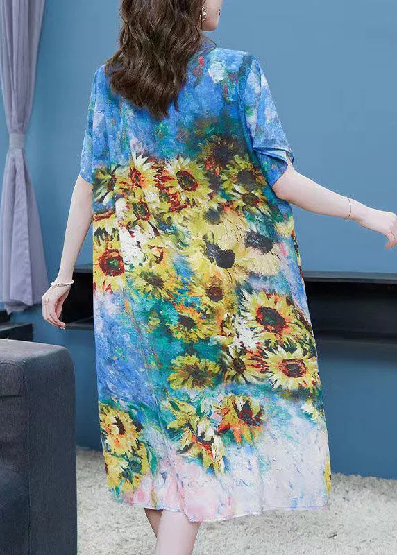 Elegant Blue O Neck The Sunflowers Patchwork Chiffon Dresses Summer LY7719