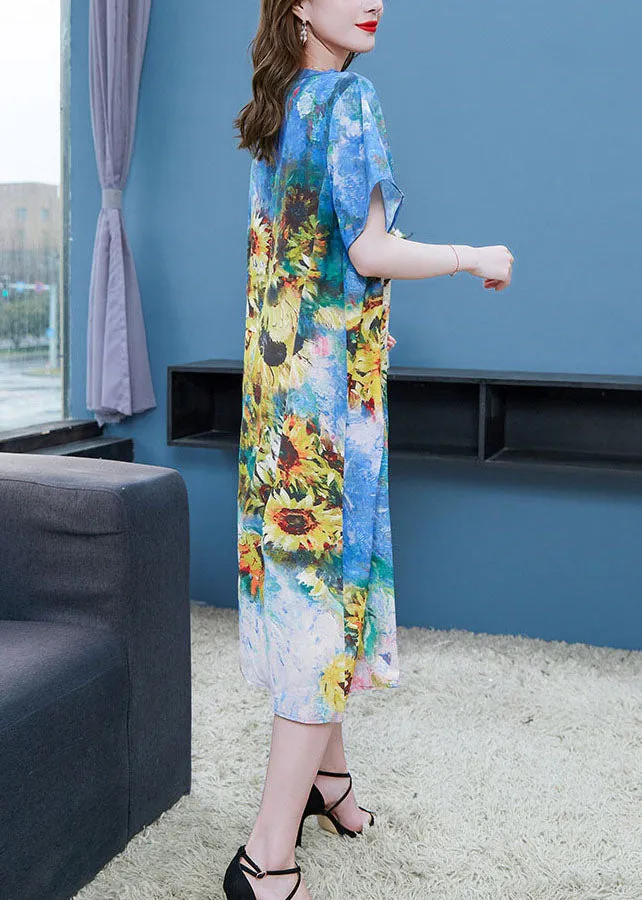 Elegant Blue O Neck The Sunflowers Patchwork Chiffon Dresses Summer LY7719