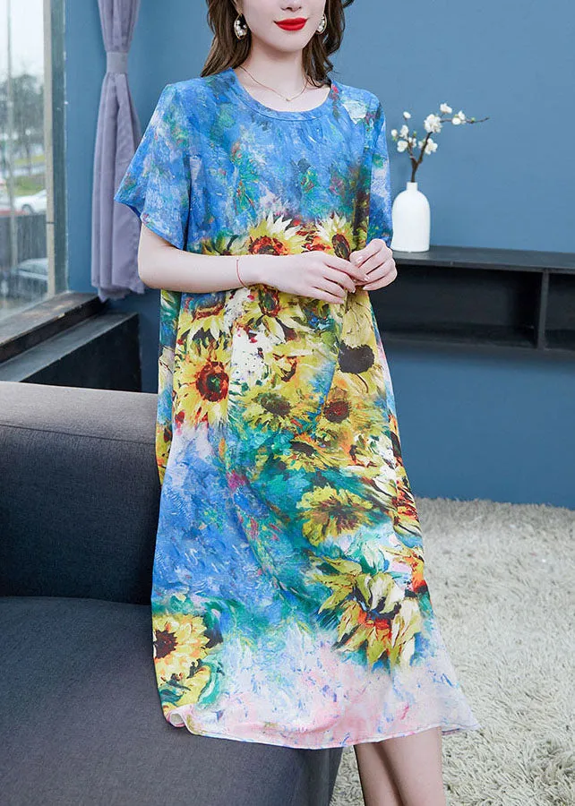 Elegant Blue O Neck The Sunflowers Patchwork Chiffon Dresses Summer LY7719
