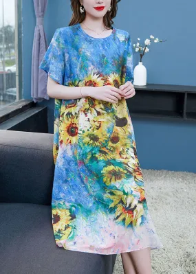 Elegant Blue O Neck The Sunflowers Patchwork Chiffon Dresses Summer LY7719