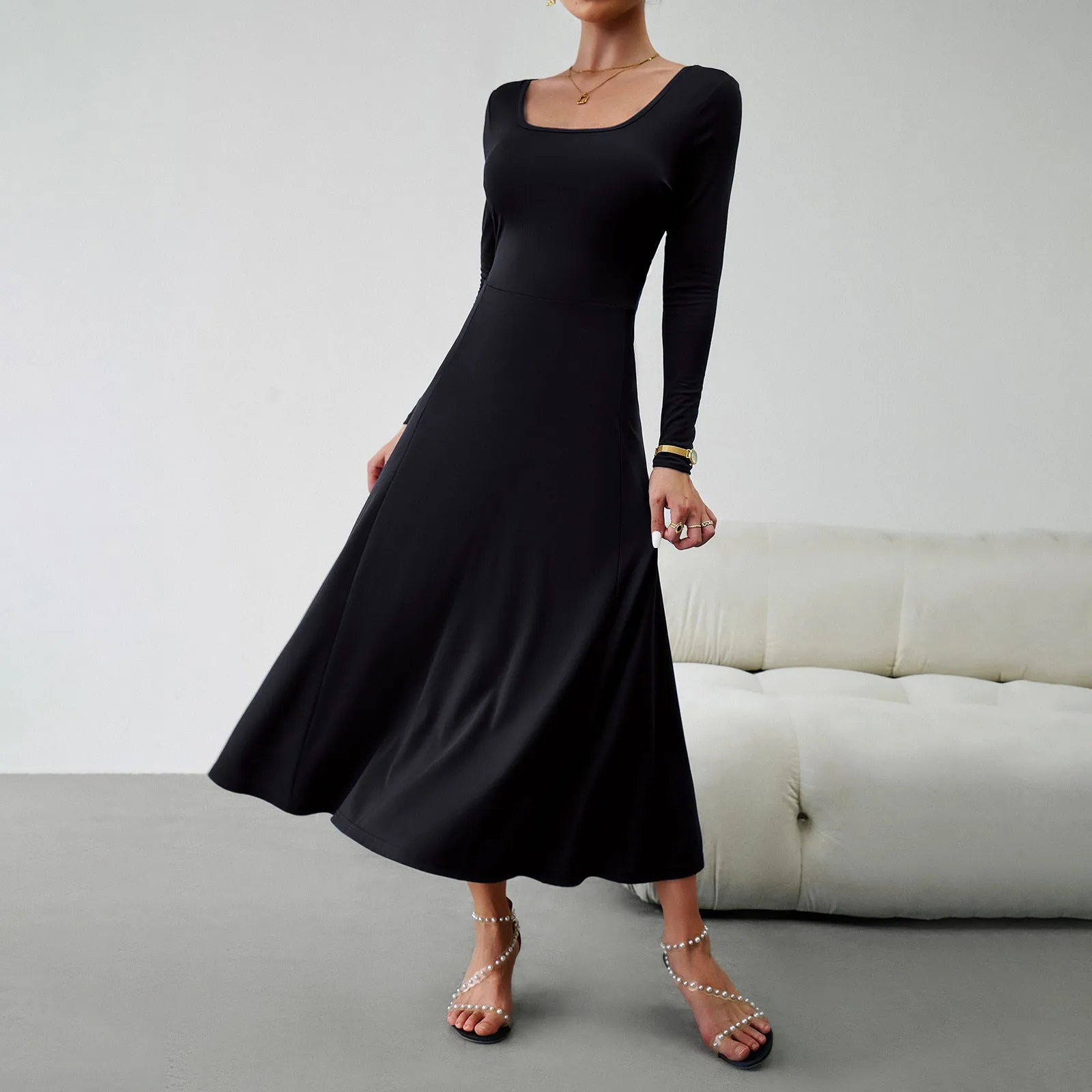 Elegant Lady's Waist-Defining Long Sleeve Dress