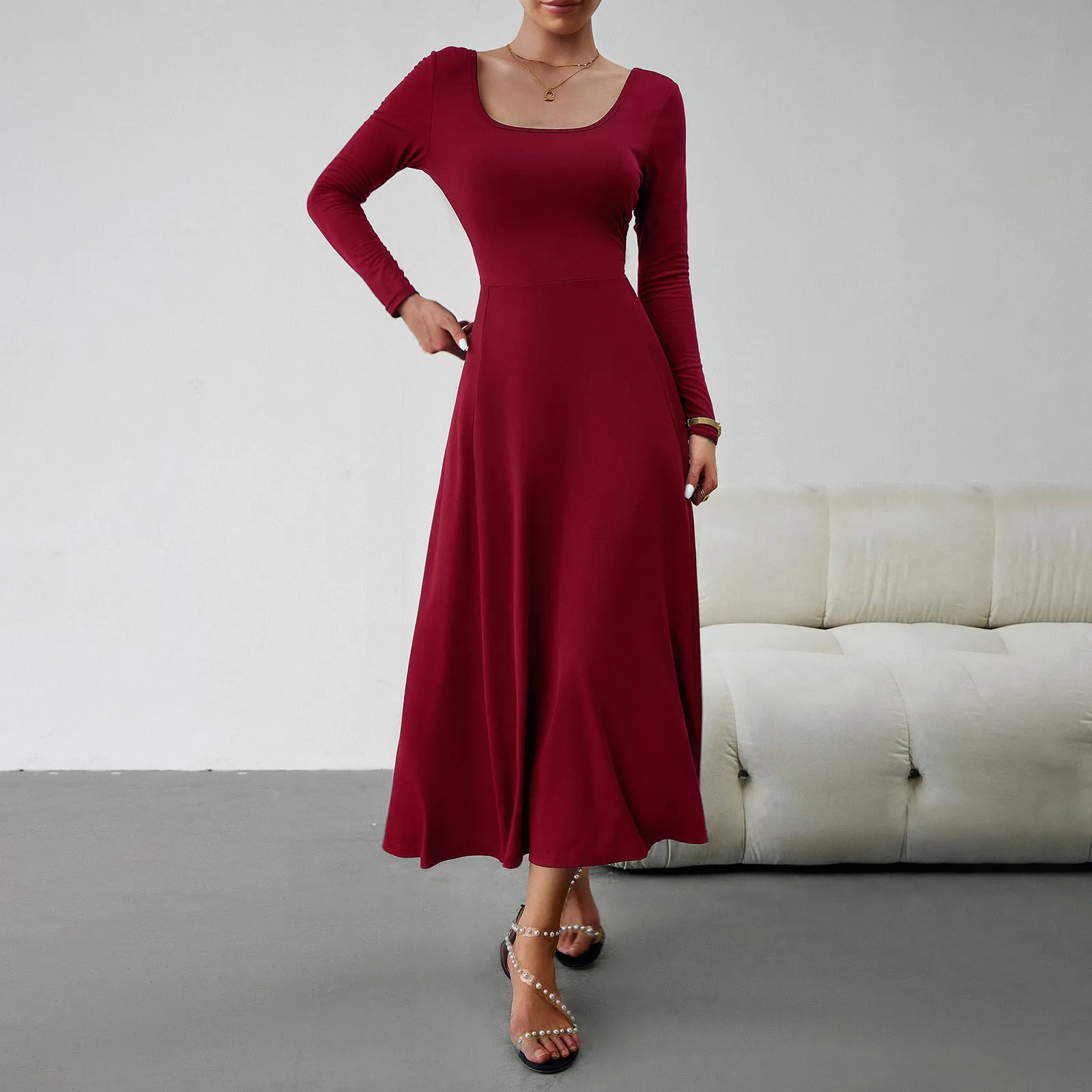 Elegant Lady's Waist-Defining Long Sleeve Dress