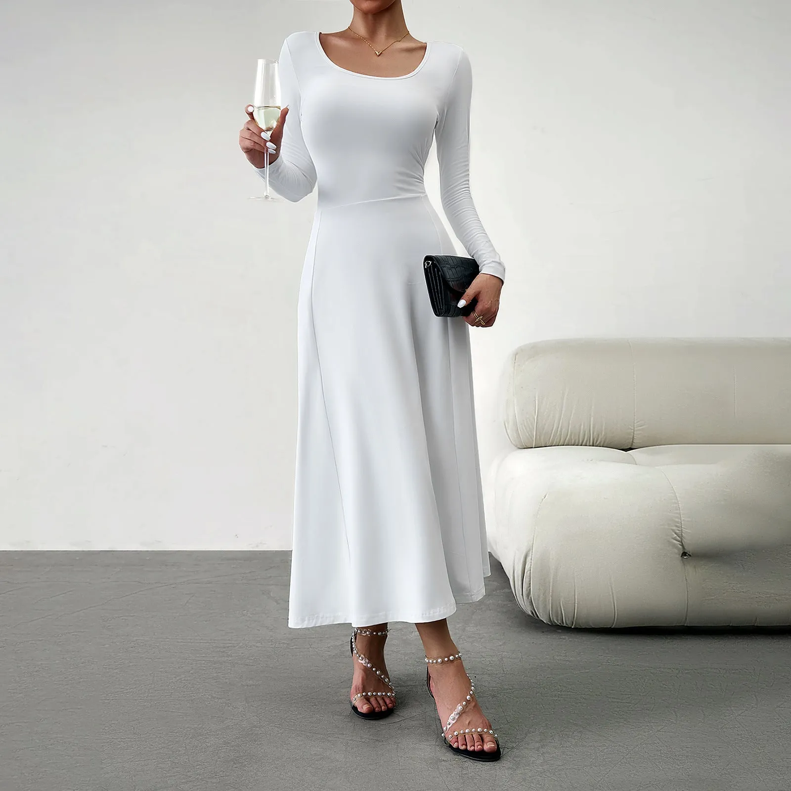 Elegant Lady's Waist-Defining Long Sleeve Dress