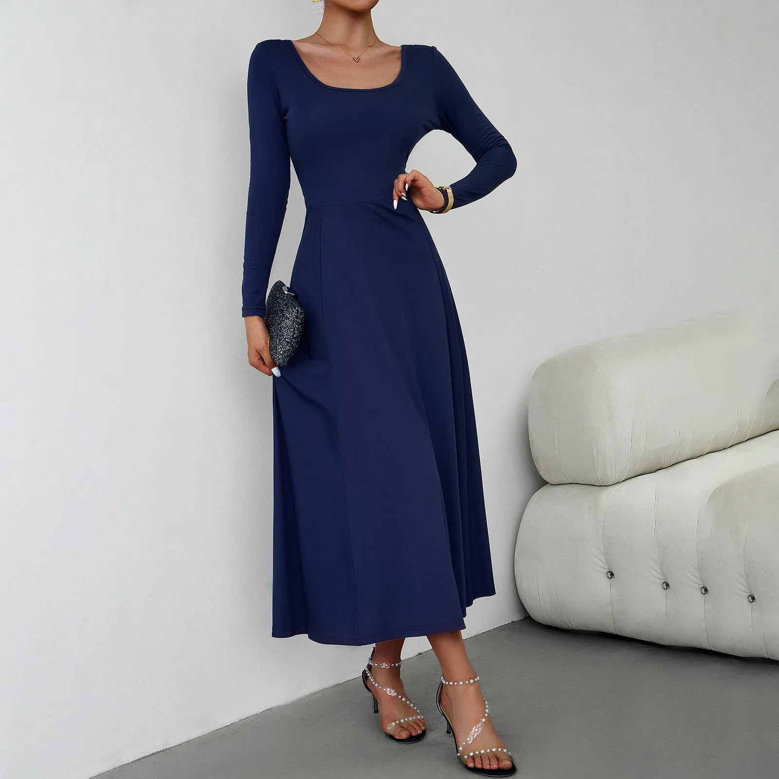 Elegant Lady's Waist-Defining Long Sleeve Dress