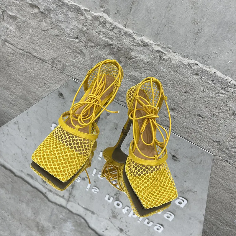 Fashionable mesh square toe strap high heels（HPSD149）