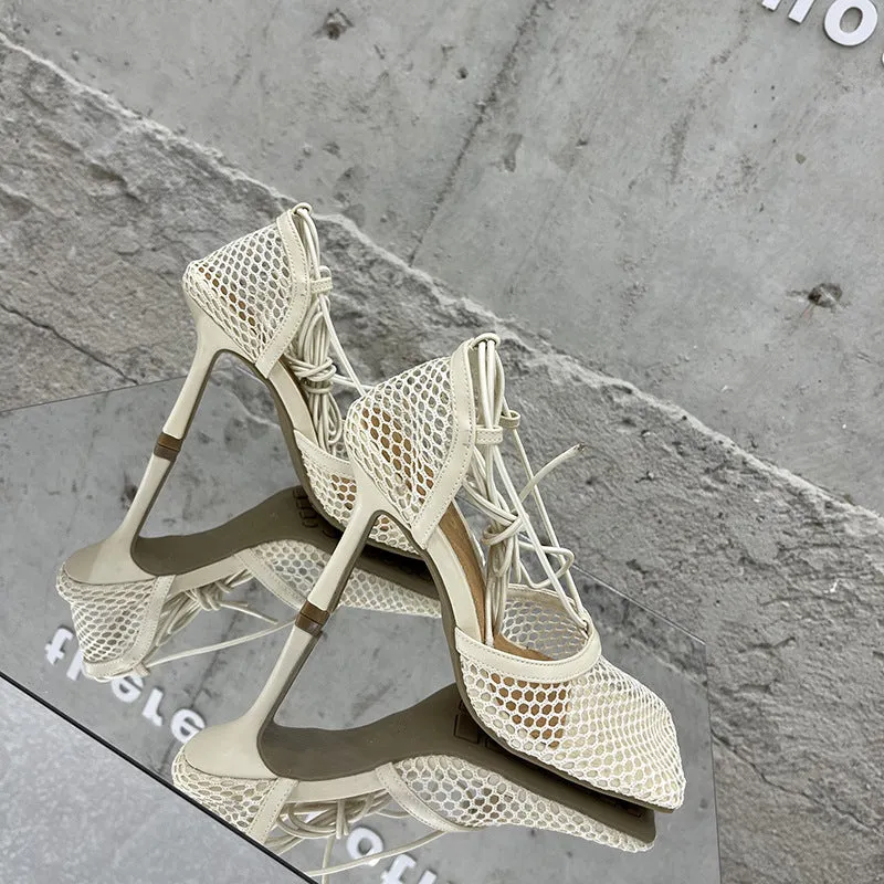 Fashionable mesh square toe strap high heels（HPSD149）