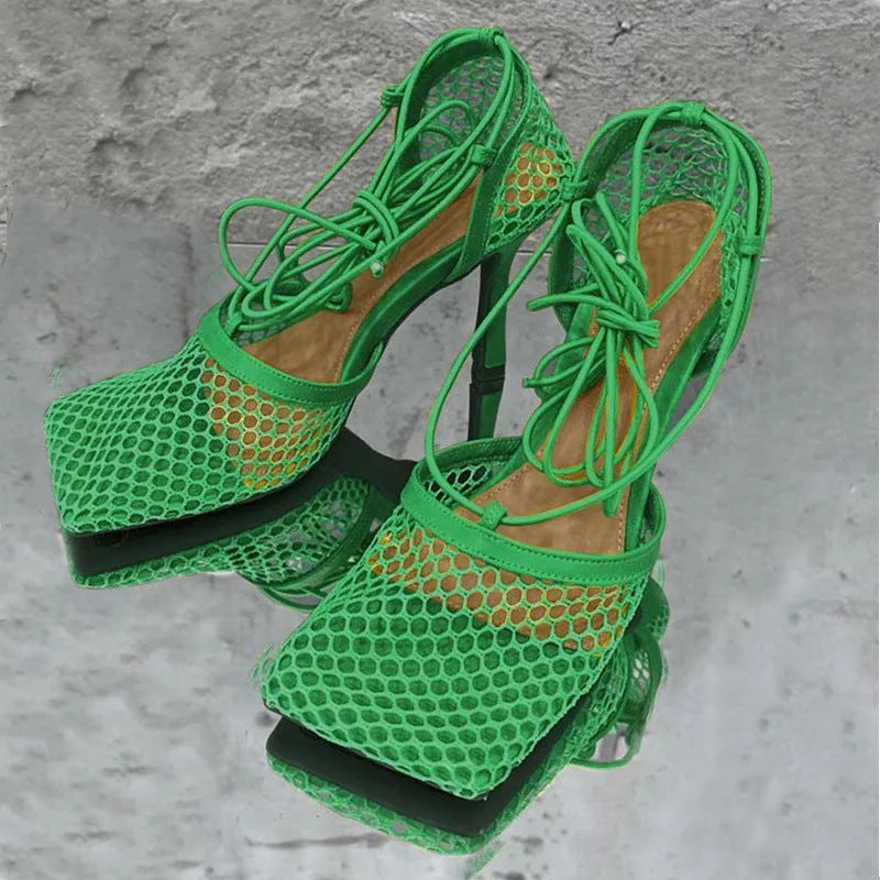 Fashionable mesh square toe strap high heels（HPSD149）