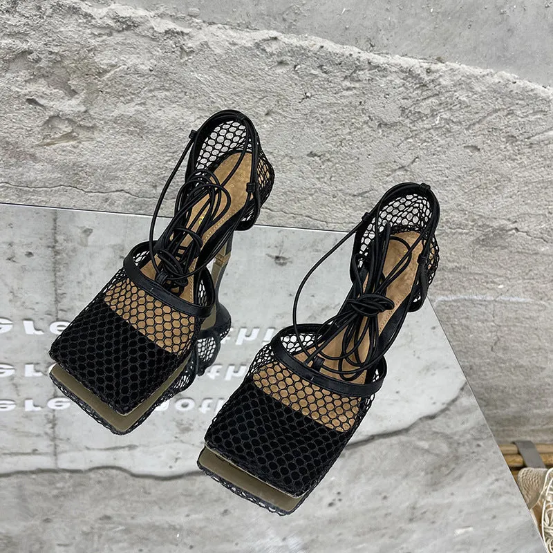 Fashionable mesh square toe strap high heels（HPSD149）