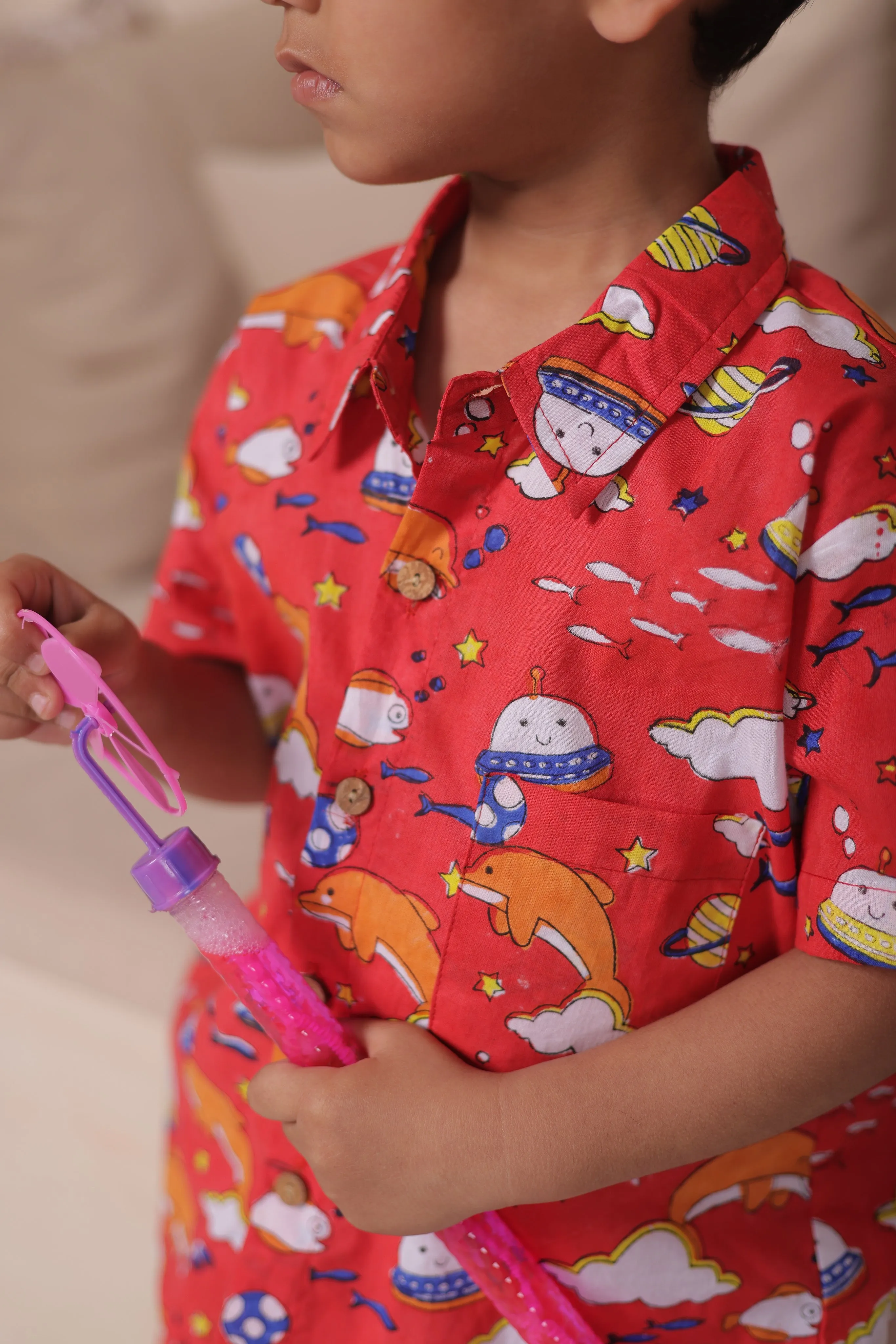 Fish Print Red Co-ord Sets for Boys | Handblock Printed Boys Outfits.