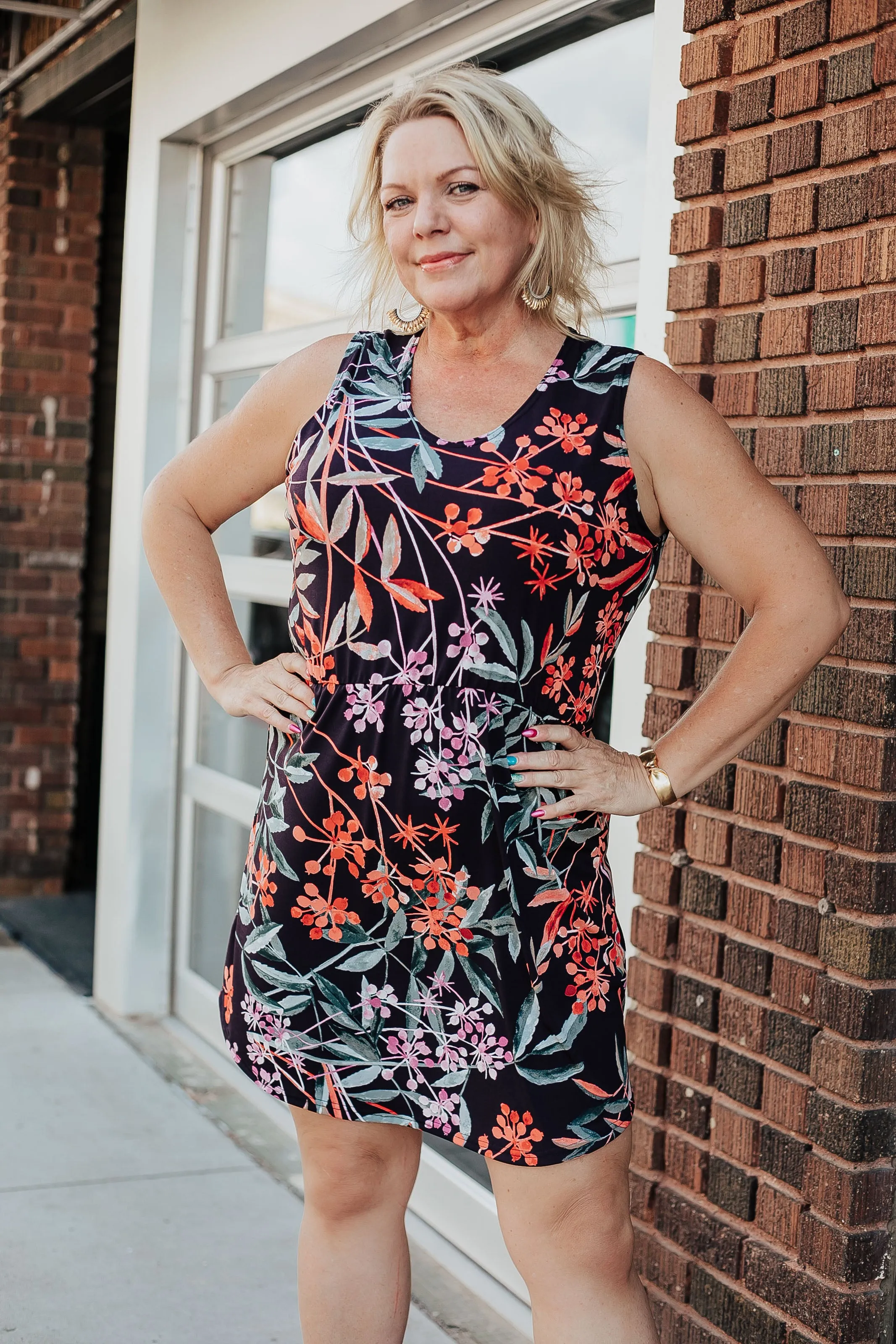 Green and Orange Foliage Print Gathered Waist Dress