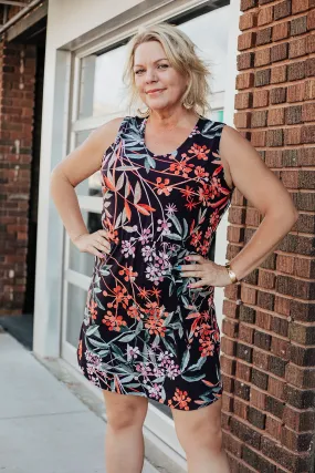 Green and Orange Foliage Print Gathered Waist Dress