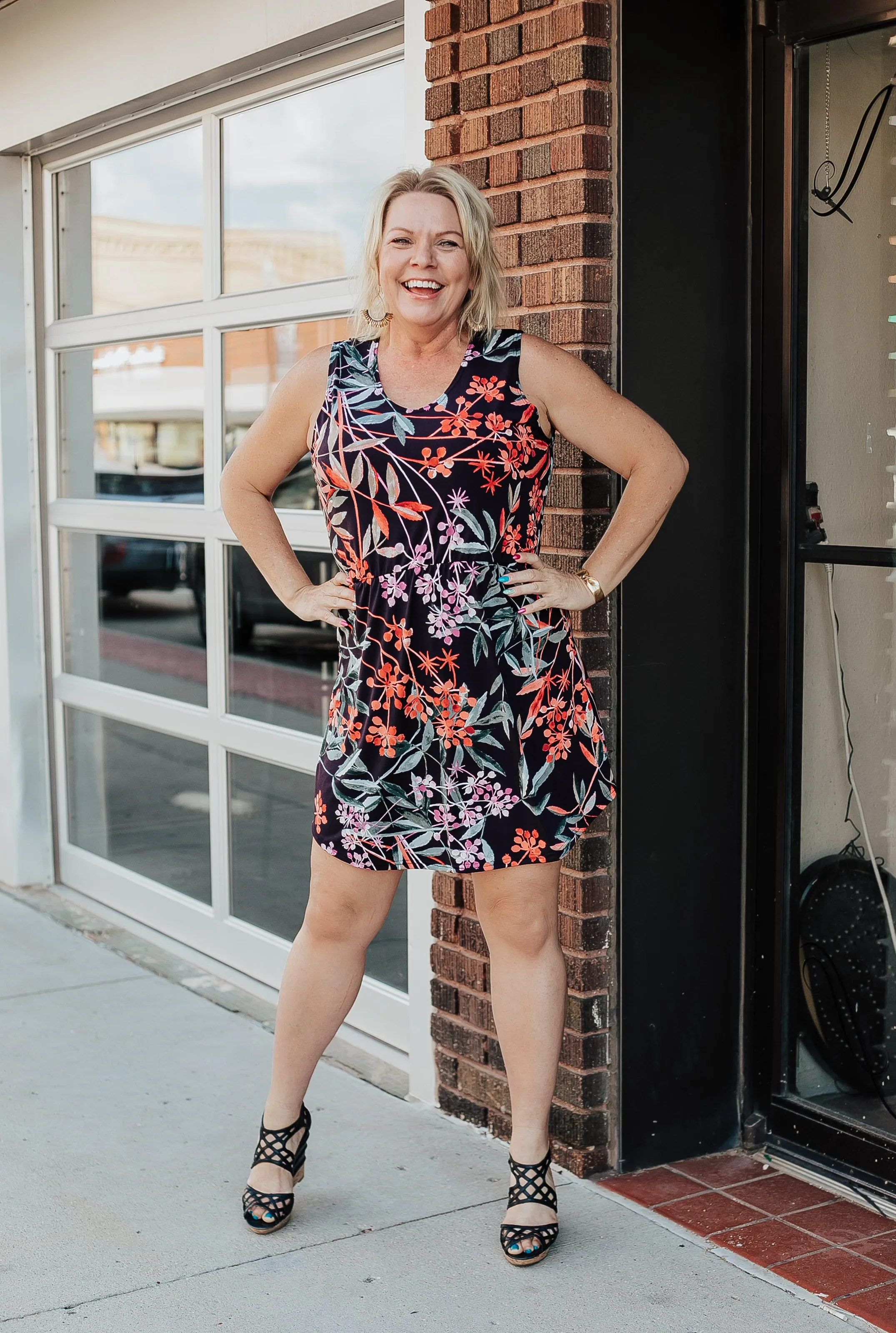 Green and Orange Foliage Print Gathered Waist Dress