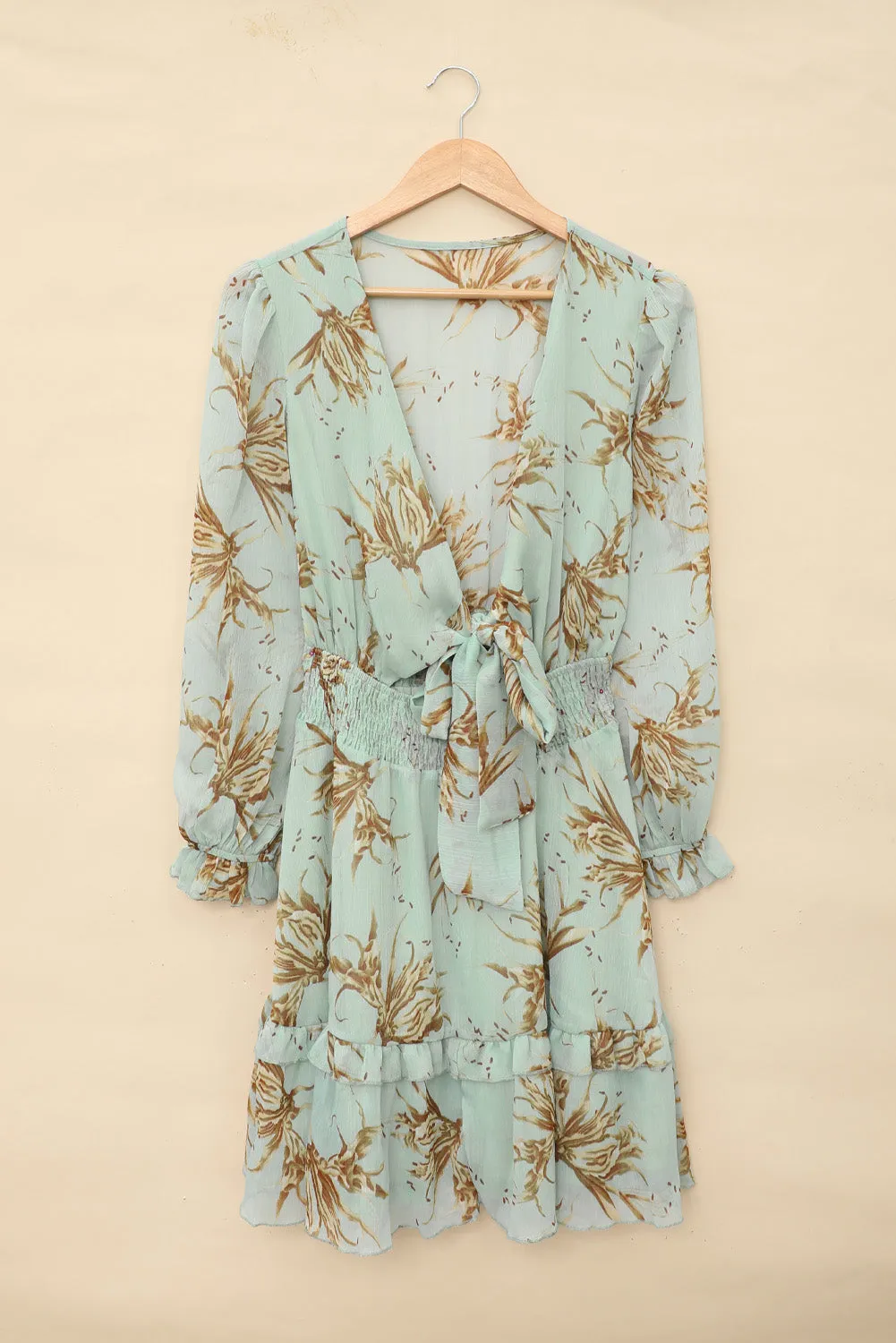 Green/Sky Blue/Pink Deep V Neck Lantern Sleeve Knotted Tiered Mini Dress