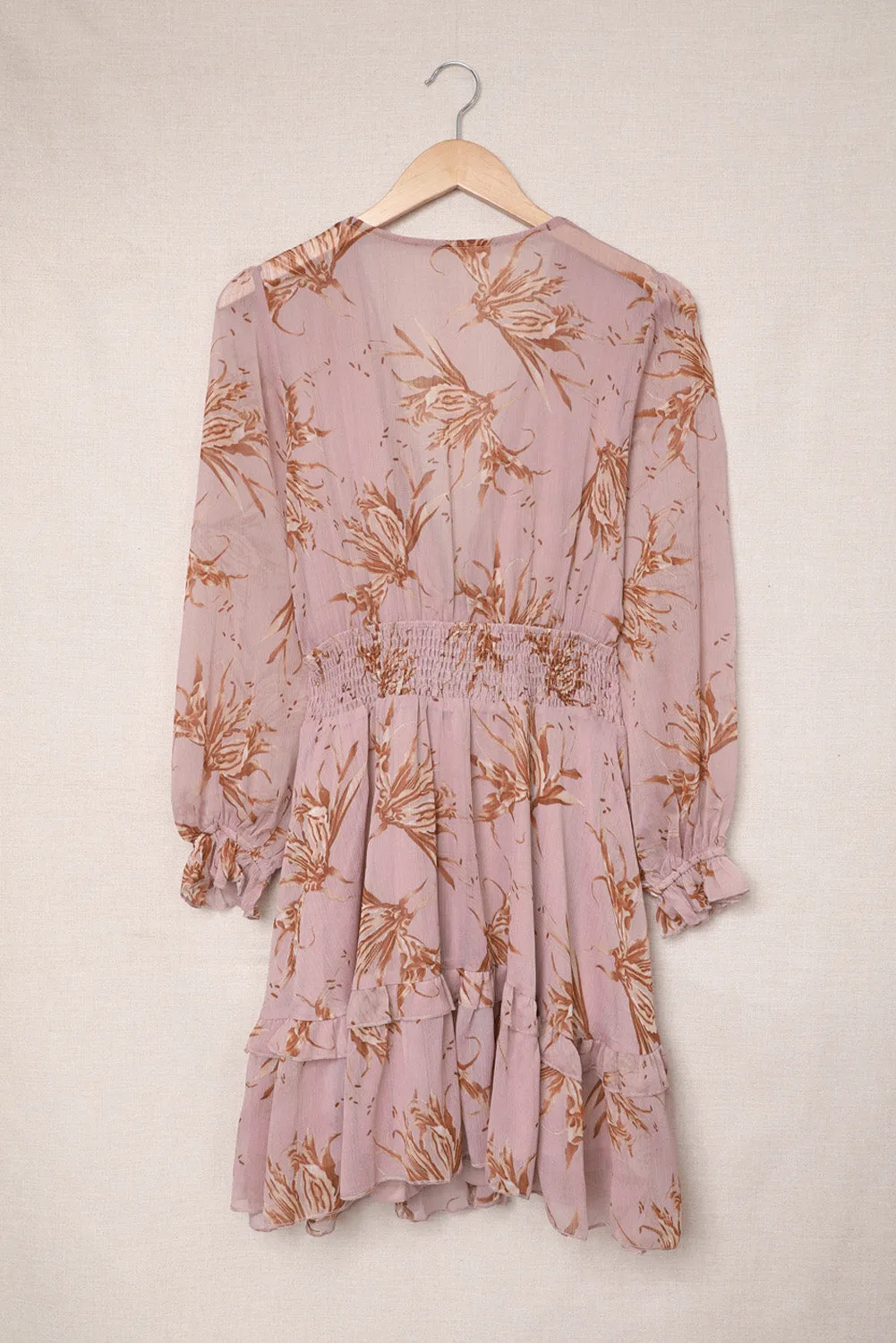 Green/Sky Blue/Pink Deep V Neck Lantern Sleeve Knotted Tiered Mini Dress