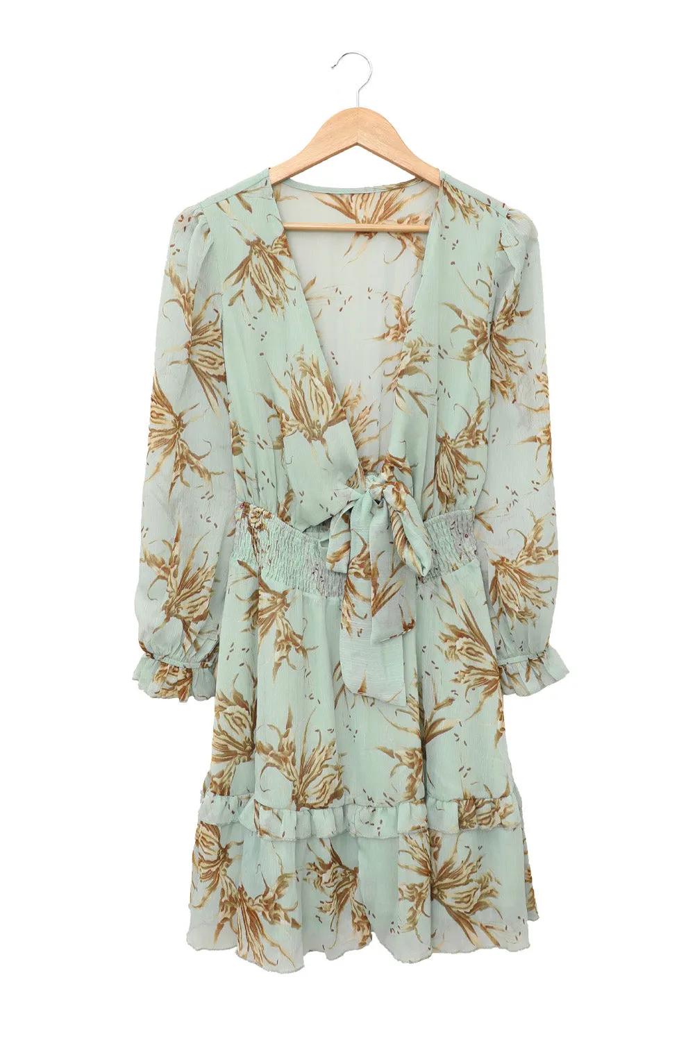 Green/Sky Blue/Pink Deep V Neck Lantern Sleeve Knotted Tiered Mini Dress