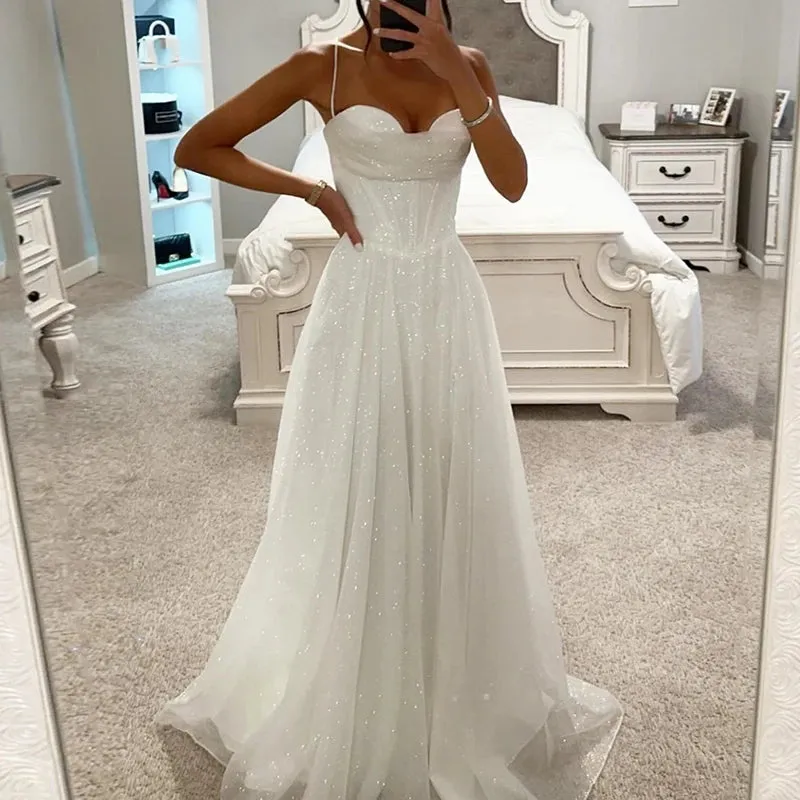 High Waist Pleated Sweep Train Dress Sweetheart Glitter Mesh Overlay