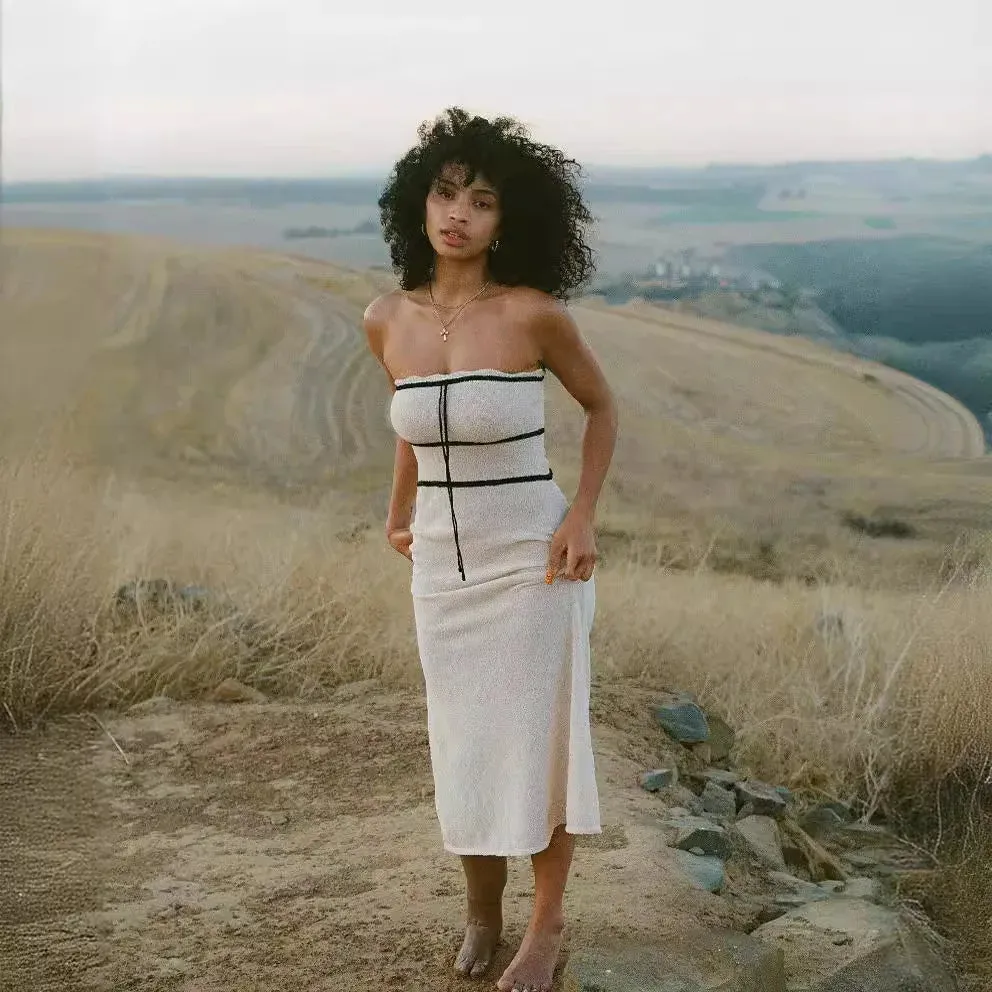 Knitted Strapless Slim for Women White Sleeveless Spring Autumn High Quality Beach Maxi Dress