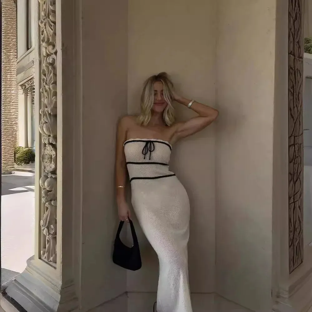 Knitted Strapless Slim for Women White Sleeveless Spring Autumn High Quality Beach Maxi Dress