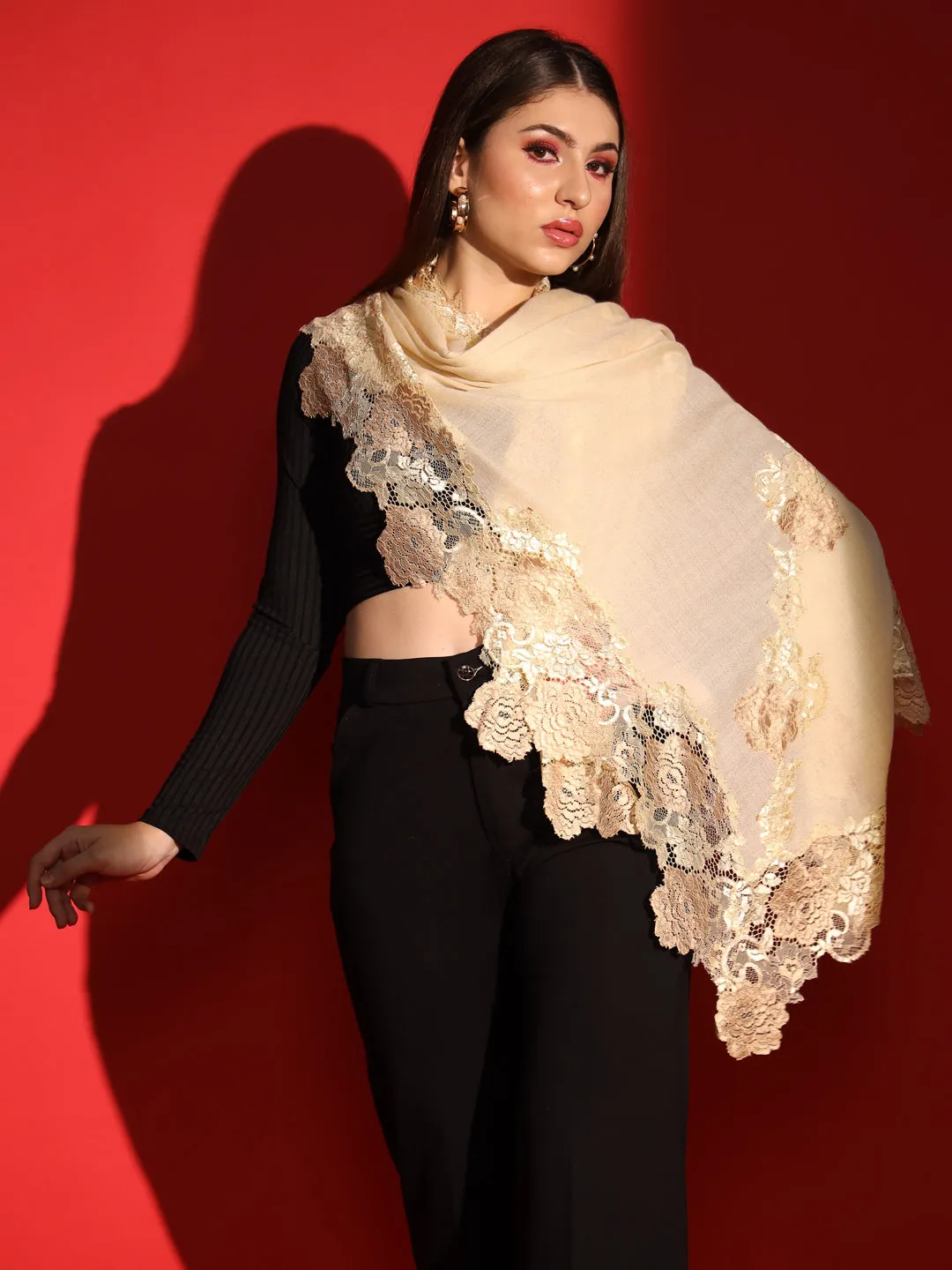 Lace-Edged Kashmiri Beige Shawl: Women's Woolen Shawl
