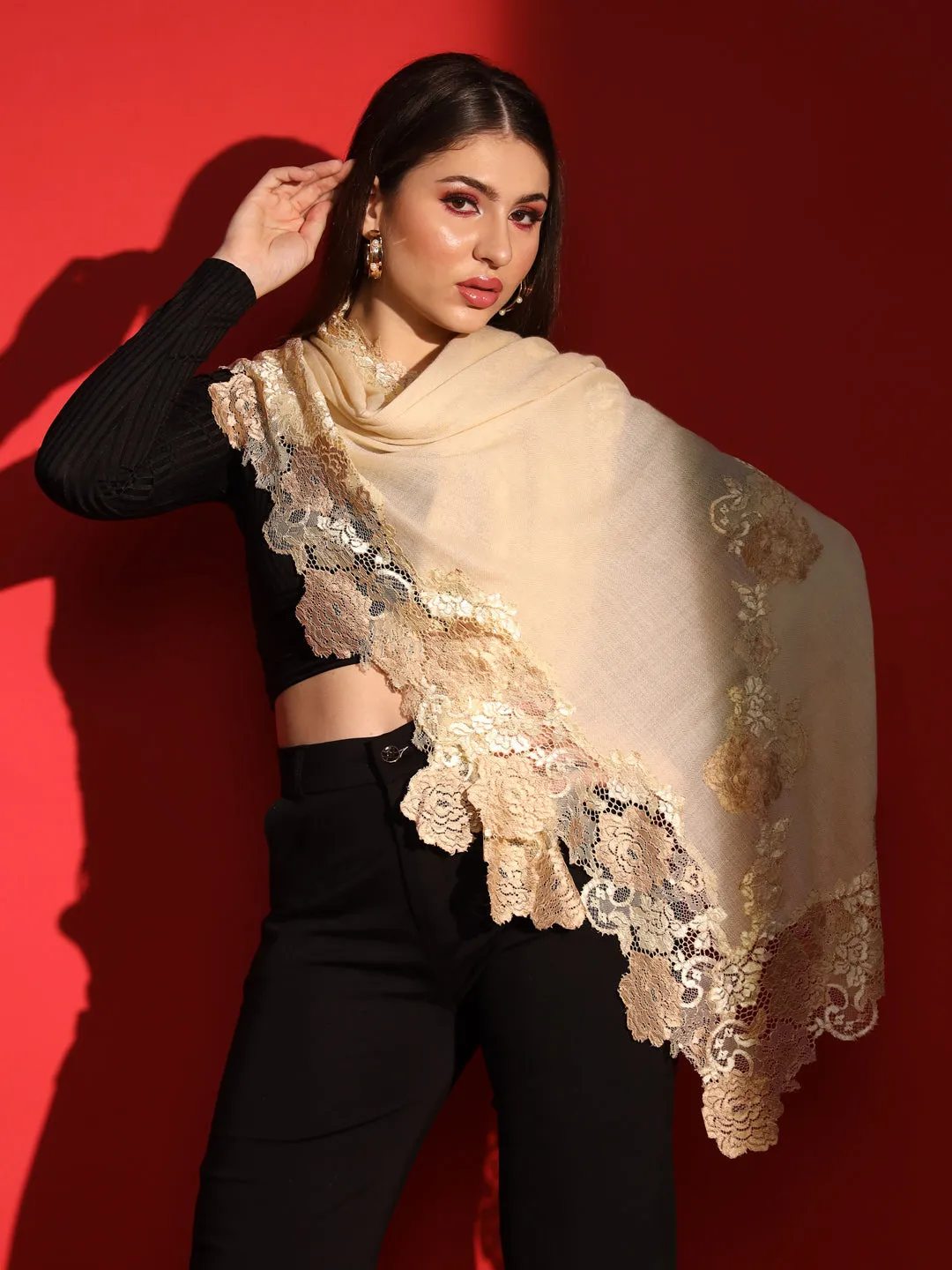 Lace-Edged Kashmiri Beige Shawl: Women's Woolen Shawl