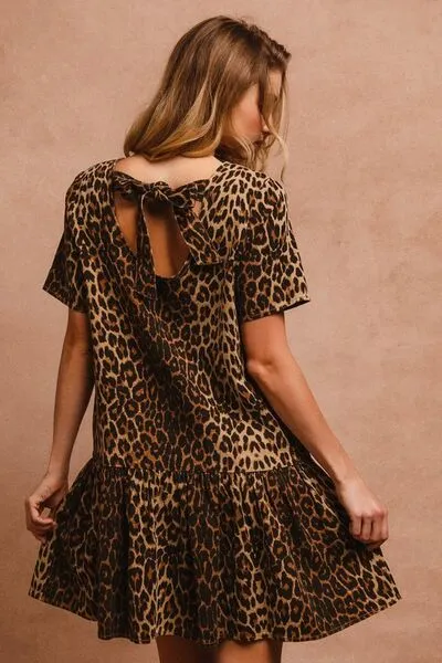 Leopard Print Tie-Back Mini Dress – Short Sleeve Round Neck Statement Dress
