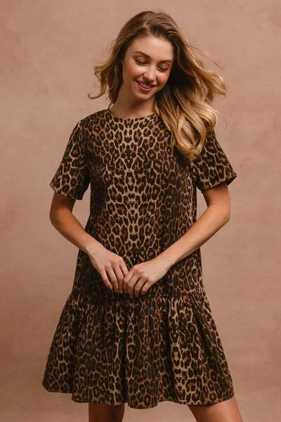 Leopard Print Tie-Back Mini Dress – Short Sleeve Round Neck Statement Dress