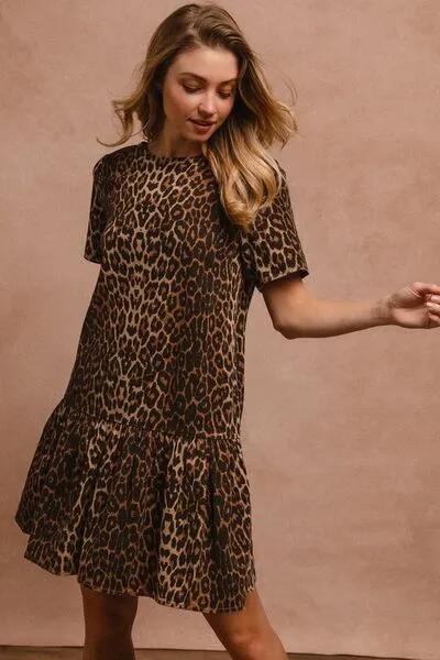 Leopard Print Tie-Back Mini Dress – Short Sleeve Round Neck Statement Dress