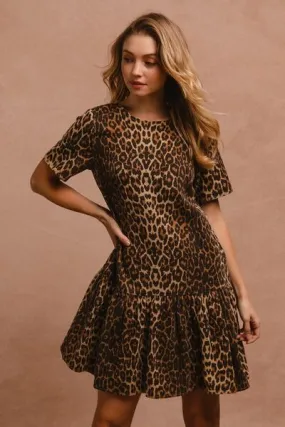 Leopard Print Tie-Back Mini Dress – Short Sleeve Round Neck Statement Dress