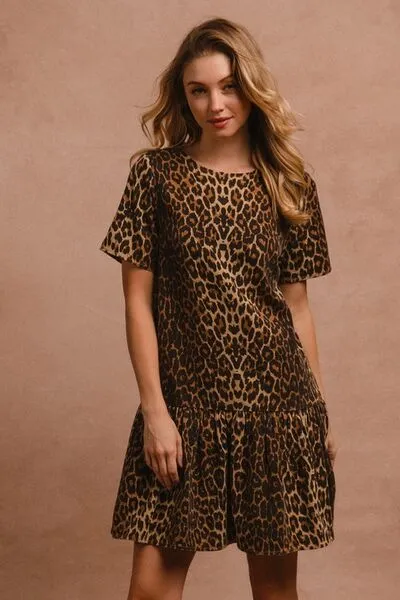 Leopard Print Tie-Back Mini Dress – Short Sleeve Round Neck Statement Dress