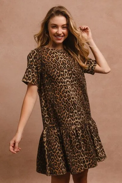 Leopard Print Tie-Back Mini Dress – Short Sleeve Round Neck Statement Dress