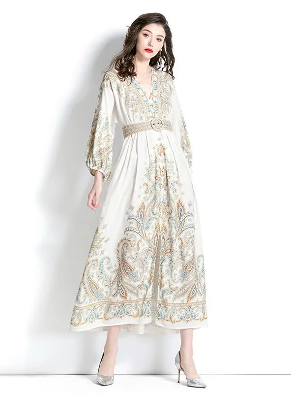 Long Sleeve V-neck Printed Long Dress