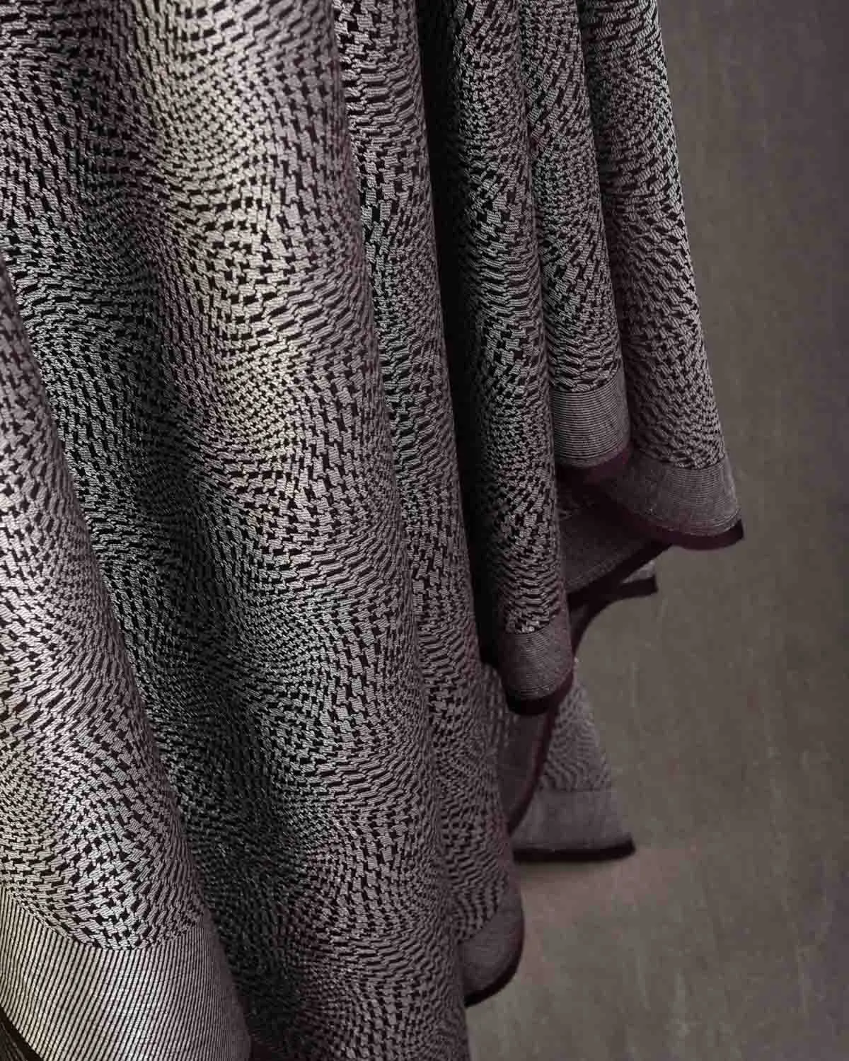 Mahogany Silver Zari Illusion Houndstooth Brocade Handwoven Silk Wool Unisex Dress Shawl