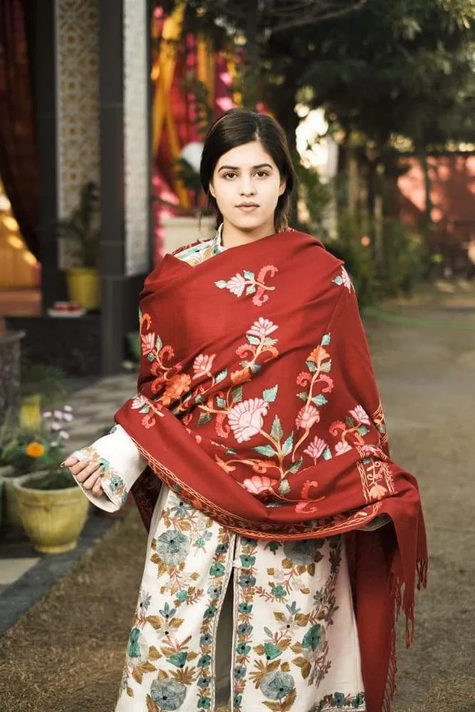 Maroon Color Kashmiri Shawl With Aari Jaal Gives A Trendy Look To The Wearer.