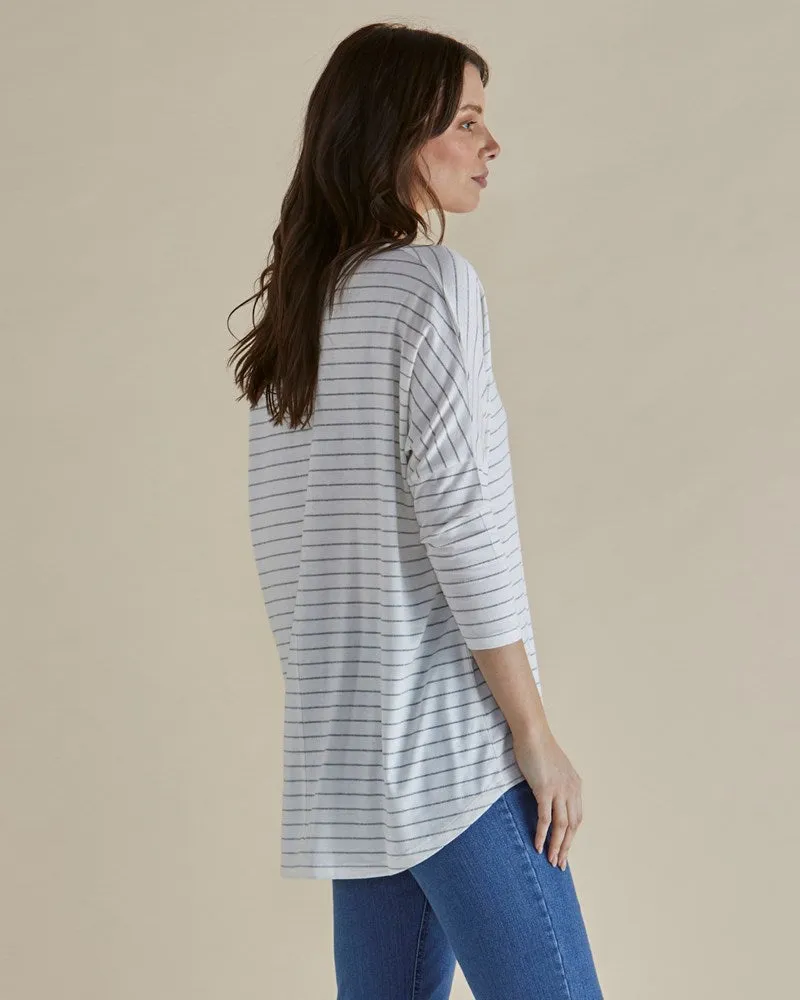 Milan 3/4 Sleeve Top - White Lurex Stripe