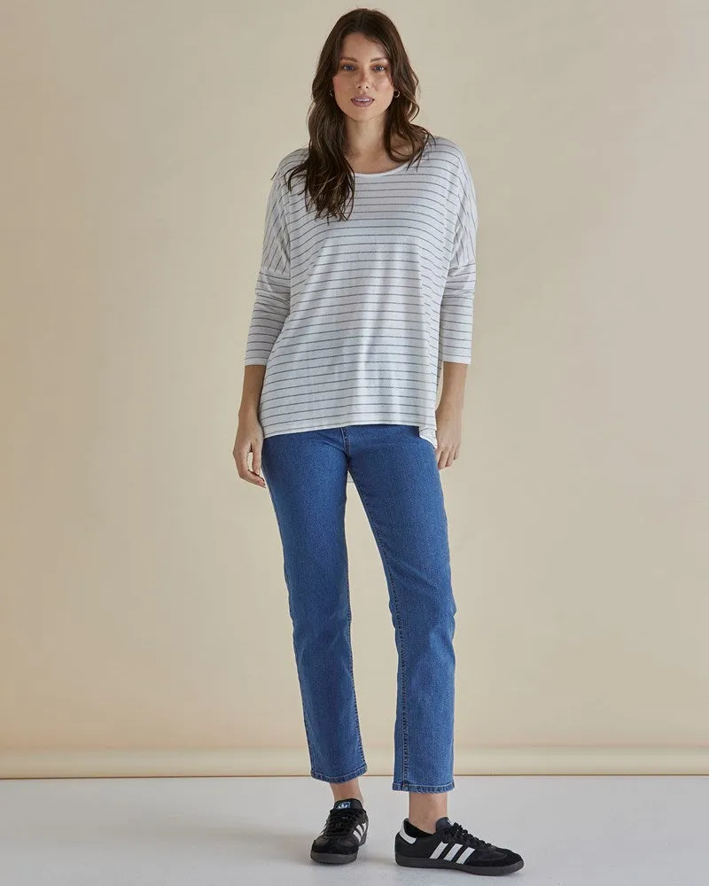 Milan 3/4 Sleeve Top - White Lurex Stripe