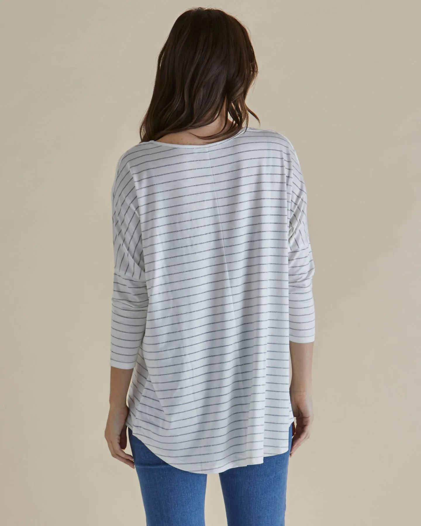 Milan 3/4 Sleeve Top - White Lurex Stripe