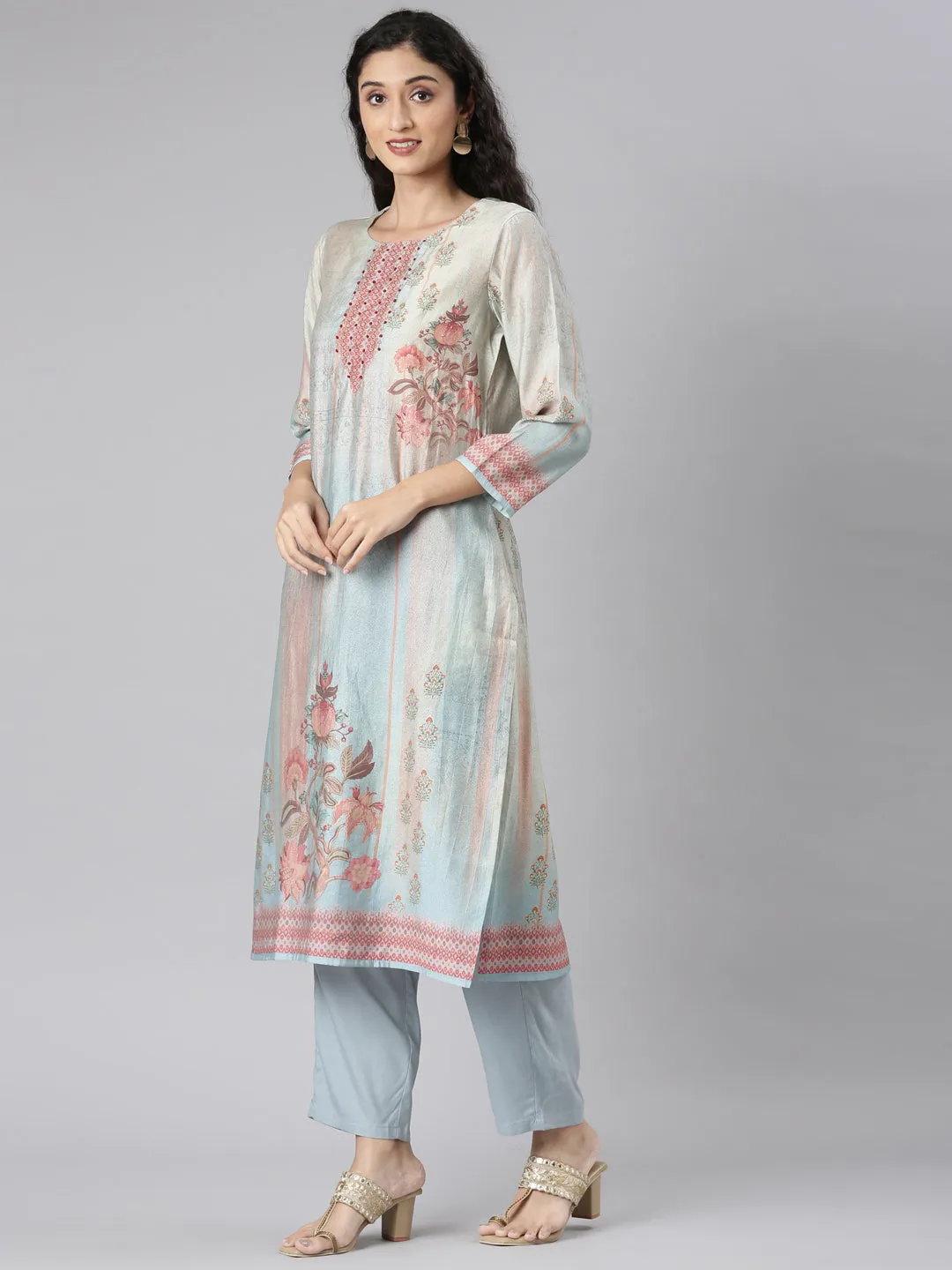Neerus Blue Straight Casual Floral Kurta and Trouser with Dupatta