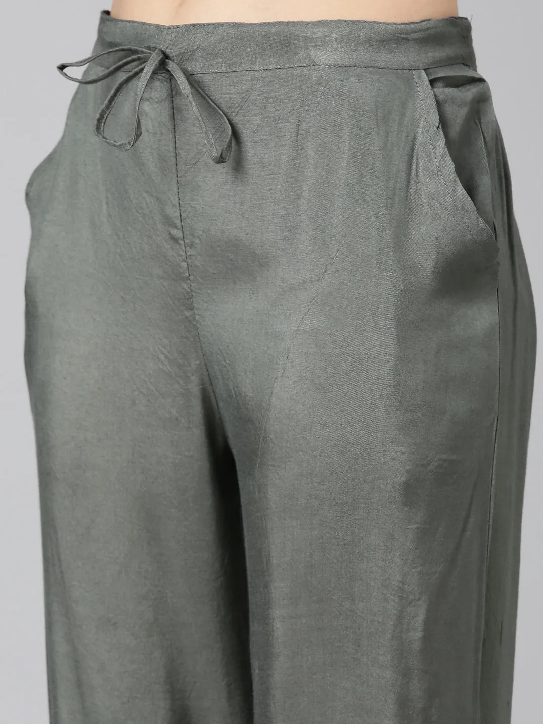Neeru's Olive Regular Straight Printed Kurta And Trousers With Dupatta