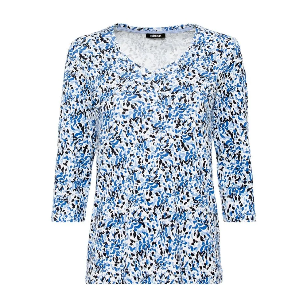 Olsen V-Neck Printed Top With 3/4 Sleeves in Edda Fit