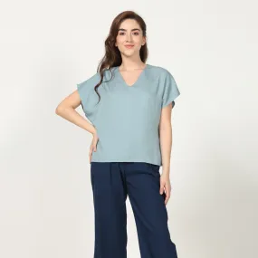 Pastel Blue Dolman Sleeve Top With Navy Straight Pant | Chic Comfort