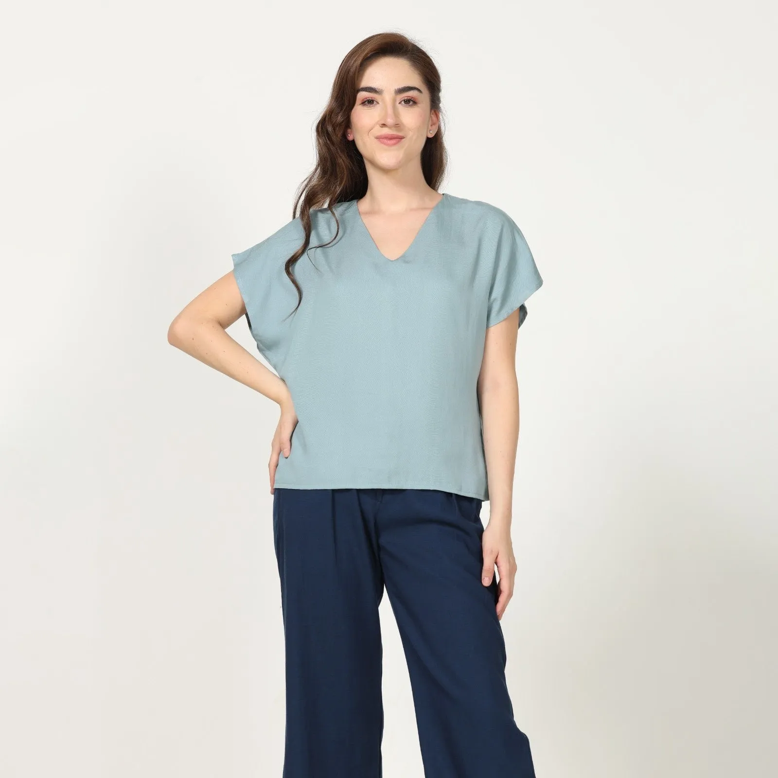 Pastel Blue Dolman Sleeve Top With Navy Straight Pant | Chic Comfort