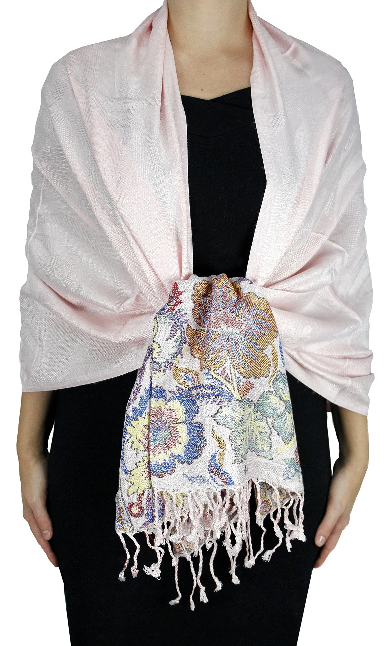 Peach Couture Exclusive Paisley Floral Border Reversible Pashmina Wrap Shawl