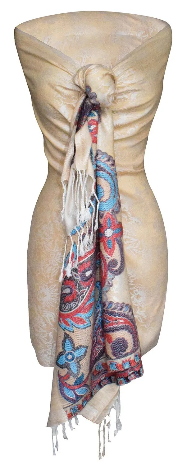 Peach Couture Exclusive Paisley Floral Border Reversible Pashmina Wrap Shawl