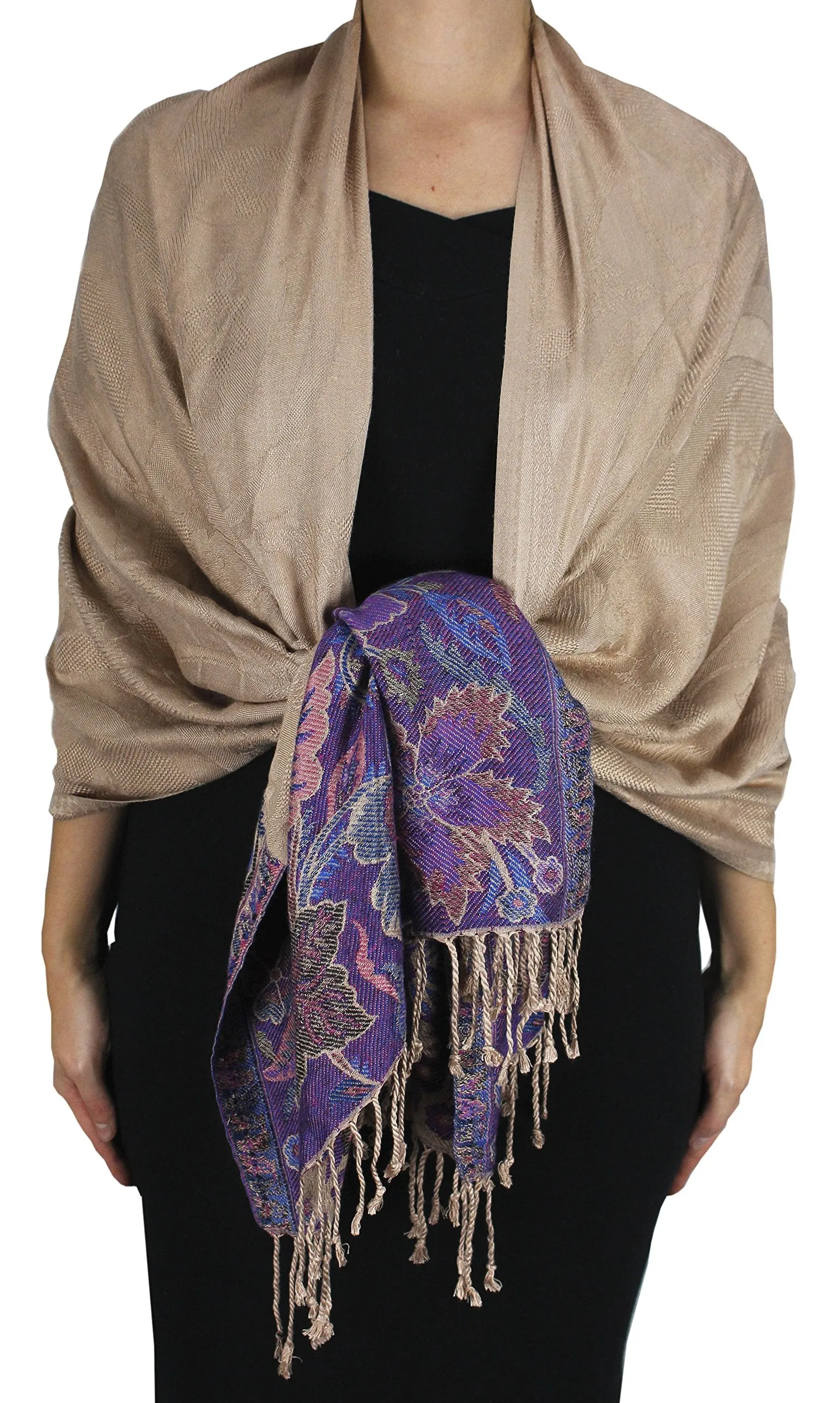 Peach Couture Exclusive Paisley Floral Border Reversible Pashmina Wrap Shawl